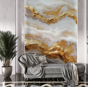 луксозен фототапет златиста мраморна сълза с елегантен дизайн на мрамор и златисти линии
