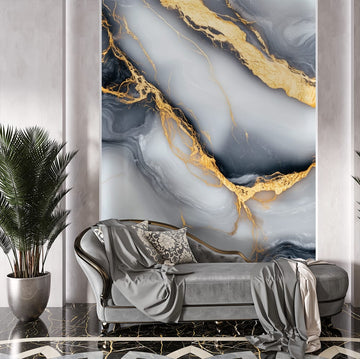 Фототапет златисти линии мраморен фототапет с кремави и сиви вълни, декорирана стая.