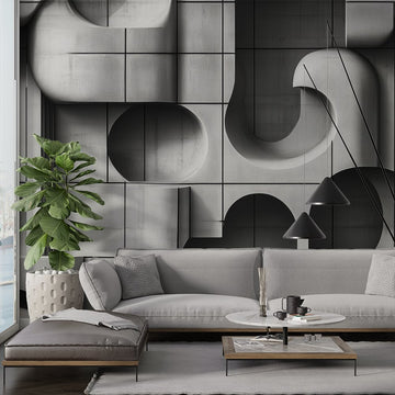 Фототапет геометрични форми на стената зад модерен хол с канапе и растения.