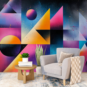 абстрактен фототапет за хол с цветни геометрични форми и съвременен дизайн.