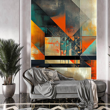 Геометричен фототапет огън и тъмнина в модерен интериор с диван и зелено растение.