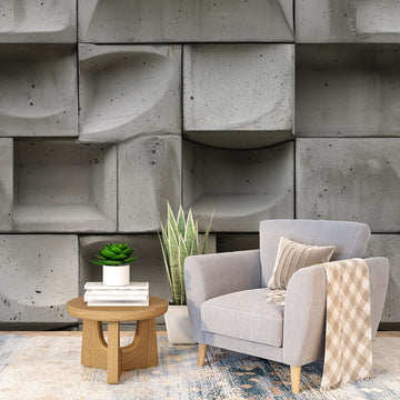 фототапет модерен бетон на стената с геометричен дизайн и интериорна декорация в стая