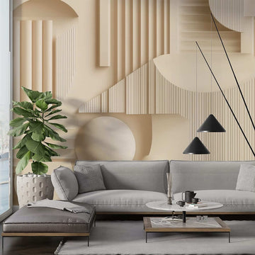 Геометрични фототапети за хол с модерни форми и елегантен дизайн върху стената в стилна всекидневна.