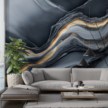 Фототапет Златни Вълни и Тъмен Мрамор в съвременен интериор, показващ елегантна комбинация от цветове.