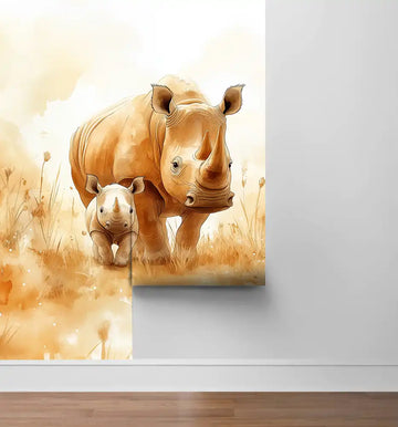 фототапет носорог за детска стая с майка носорог и бебе на фона на топли цветове