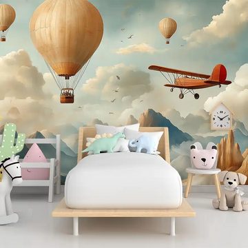 Фототапет за детска стая облачни приключения с въздушни балони и самолет над меки облаци.