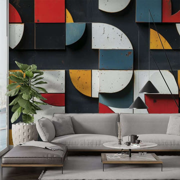 Геометрични цветни фототапети в хол с модернистичен дизайн и текстурирано покритие.