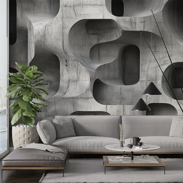 Абстрактен фототапет за хол с модерни геометрични форми в сиви нюанси, подходящ за стилен интериор.