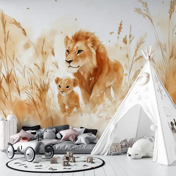 Фототапет Акварелно лъвско семейство за детска стая