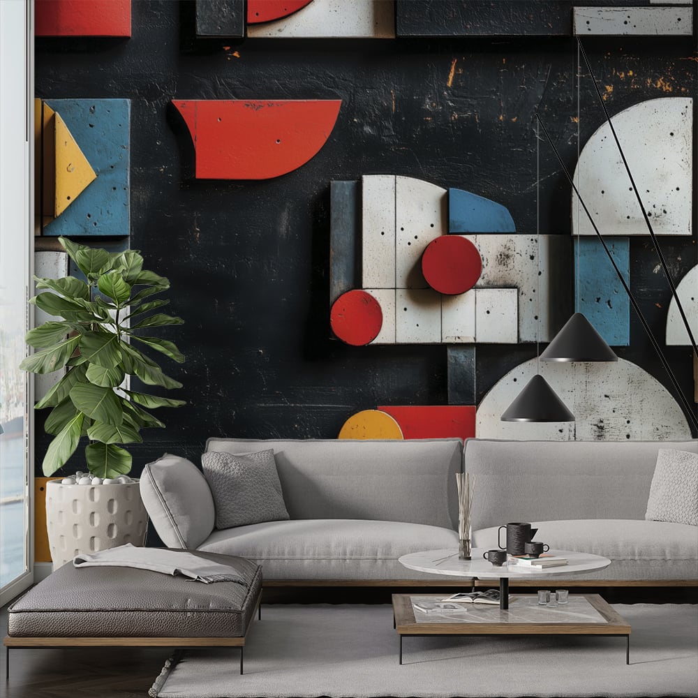 Фототапет Геометрични форми, colorful abstract shapes on a black wall, perfect for modern living room decor.