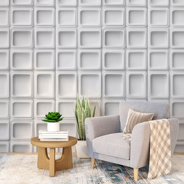 модерна квадратна текстура фототапет на стена в стилен хол с уютно кресло и декор