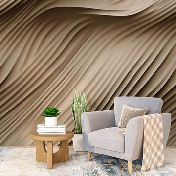Фототапет за хол с вълнообразен дизайн в нежни бежови нюанси, създаващ уютна атмосфера.