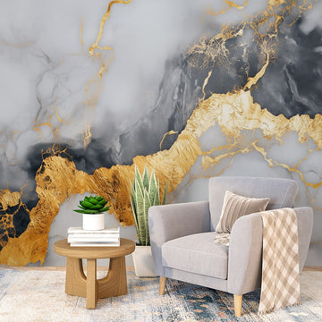Фототапет Златна Мраморна Структура с елегантен дизайн в сиво и злато, идеален за стилно обзавеждане.