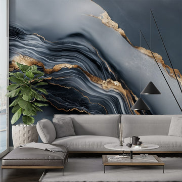 Фототапет Златни Линии и Тъмен Мрамор в модерен интериор, стилен декор с плавна текстура и елегантни вени