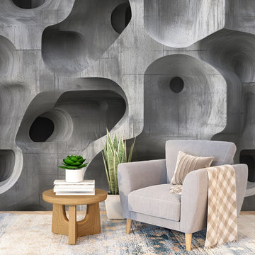 Фототапет абстрактни форми с модерен дизайн, съчетаващ извивки и сенки в сиво.