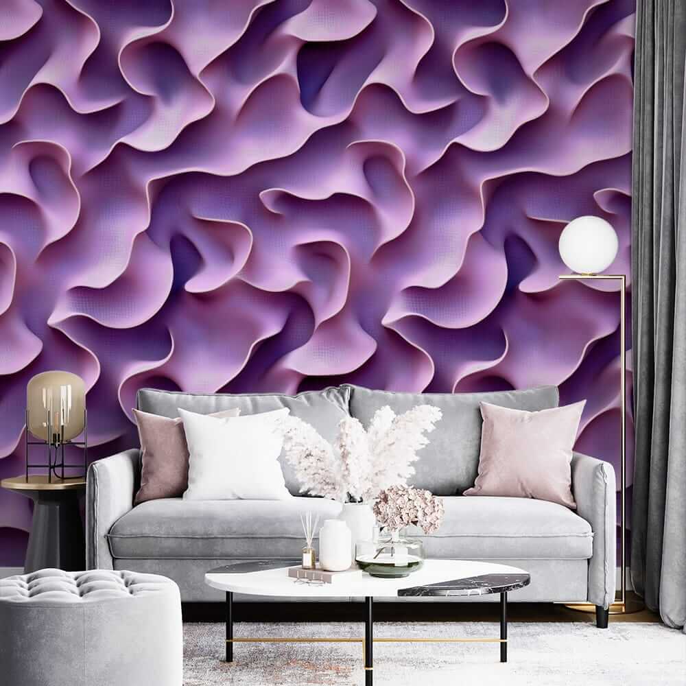 Фототапет лилави партитури в хол с модерна мебел и декорации.