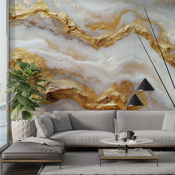 луксозен фототапет златиста мраморна сълза в интериор на съвременна стая с елегантен дизайн.