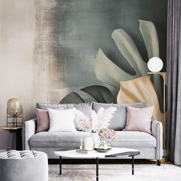 Фототапет Ефирни Тропически Листа в Опушено Зелено и Пясъчно