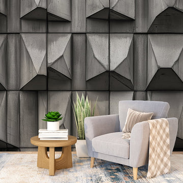 фототапет геометричен дизайн бетон в модерен интериор с удобен фотьойл и декор