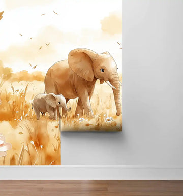 Фототапет Слонско семейство за детска стая, с мама слон и малко слонче в златисти поляни.