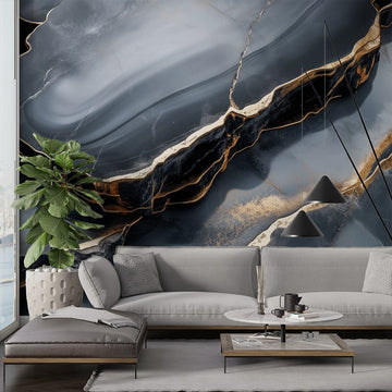 Фототапет Черен Мрамор с Златни Вени, елегантен декор за стилна стая.