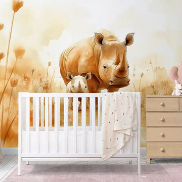 Фототапет носорог за детска стая с акварелен портрет на майка носорог и малкото й в топли тонове.