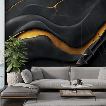 фототапет Златни Вълни на Тъмно Черно, стилен стенен декор с елегантни златни линии на тъмен фон.