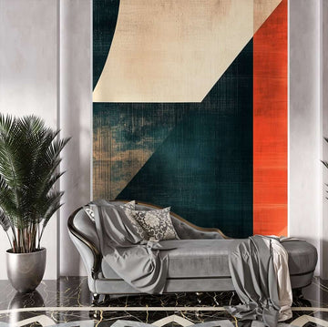 Геометричен фототапет в графит теракота бежово, съчетаващ абстрактни фигури и текстури в интериор.