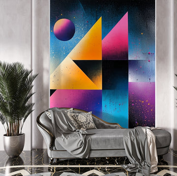 абстрактен фототапет за хол с цветни геометрични фигури и съвременен дизайн