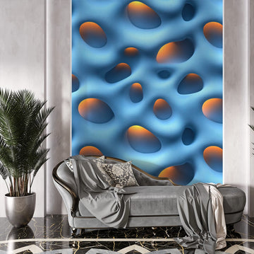 Фототапет Плувен океан за хол с вълнообразен дизайн в сини и оранжеви нюанси.