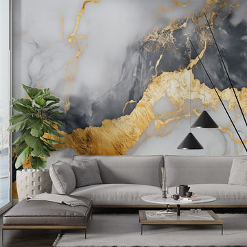 златен мраморен фототапет в елегантна стая с модерни мебели и зелена растителност
