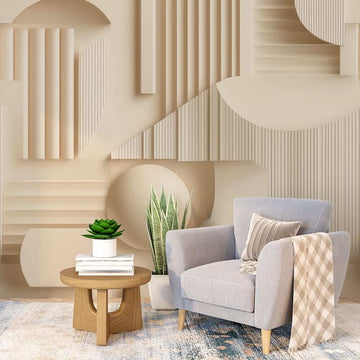 Стенен декор с геометрични форми в модерен хол, идеален за геометрични фототапети за хол.