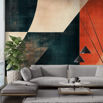 Геометричен фототапет в графит теракота бежово на стена в модерен интериор с диван и декор.