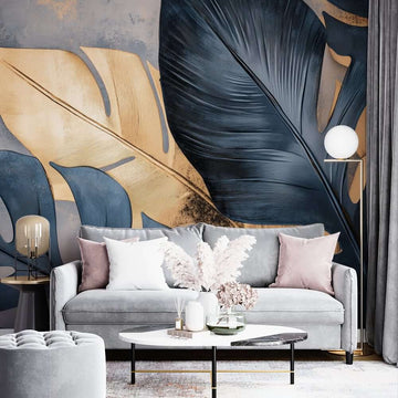 Фототапет Златисти Тропически Листа и Графитен Атлас