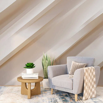 Фототапет елегантни линии на стена зад уютен фотьойл с масичка и зелени растения.