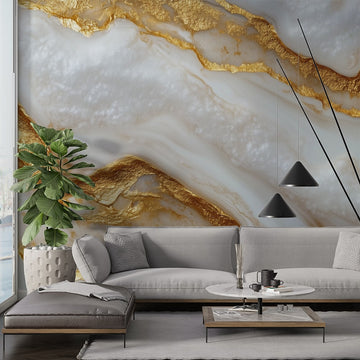 Фототапет Златисти Вени в Мрамор, стилен стенен декор с гладка бяла основа и вълнообразни златисти линии.