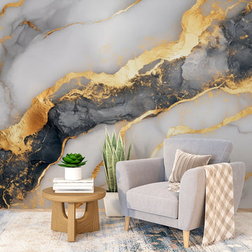 Фототапет Златни Линии и Сив Мрамор в елегантен интериор с комфортно кресло и декоративни елементи.