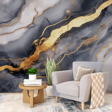 Фототапет Златни Линии и Тъмен Мрамор с елегантен стенен декор за стилен интериор.