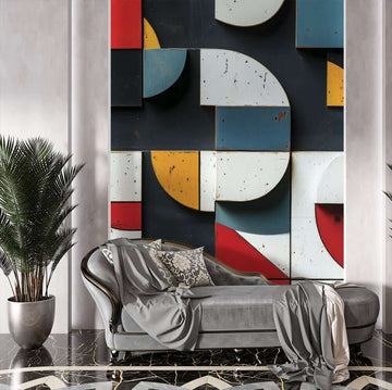 Геометрични цветни фототапети с модернистичен дизайн за хол, осигуряващ стилна трансформация на помещението.