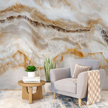 Фототапет Златни Мраморни Вълни с Перлени Нюанси, вдъхновяващ интериор с динамични цветове и текстури.