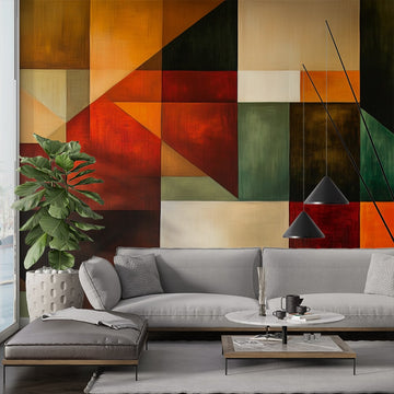 Фототапет Геометричен Ориентир в стилен хол с модерна мебелировка и акценти в топли цветове.