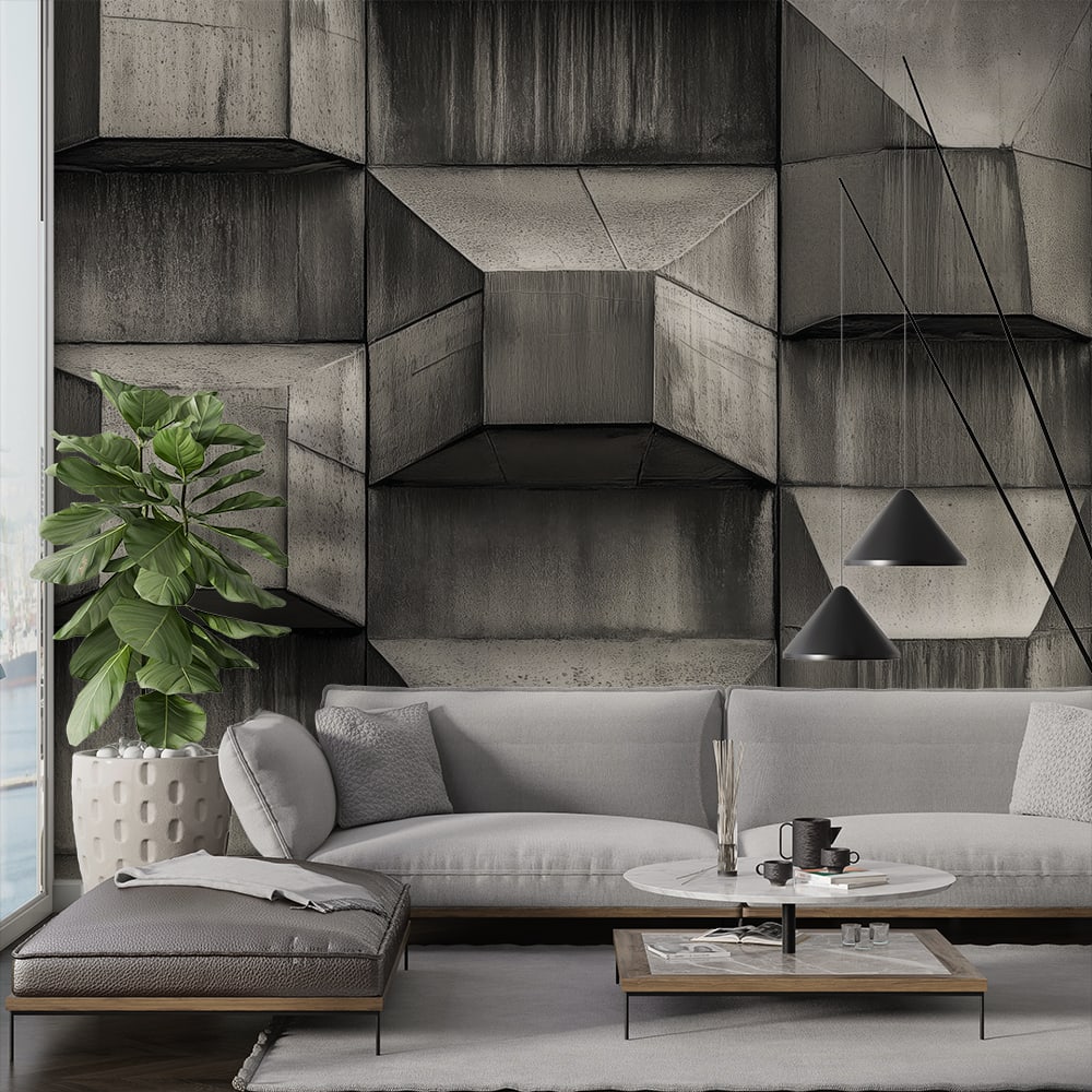 Геометричен бетон фототапет на стена в модерен интериор с удобна мебел и зеленина.