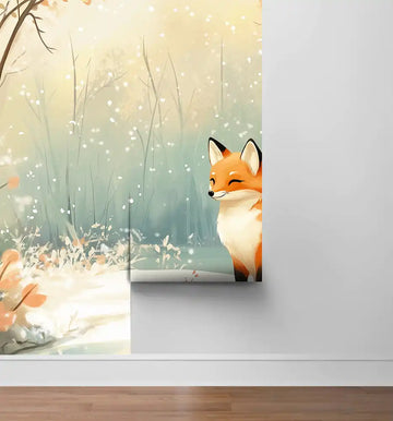 Whimsical mural featuring a fox in a serene autumn landscape for children's room decor.