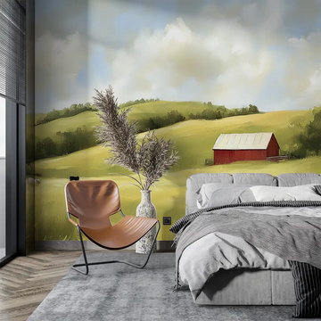 Elegant bedroom featuring a scenic wallpaper of rolling hills and a red barn, complemented by modern decor.