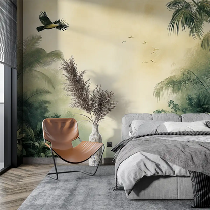Serene bedroom featuring the 'Pолет над оазиса' mural with nature motifs and stylish decor.