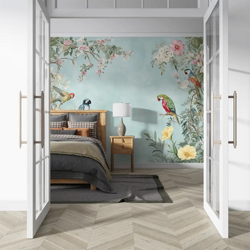 Colorful parrot wallpaper in a serene bedroom with floral accents and natural light.