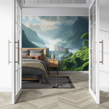 Mystical forest panorama wallpaper in a serene bedroom setting, enhancing tranquility and depth in interior design.