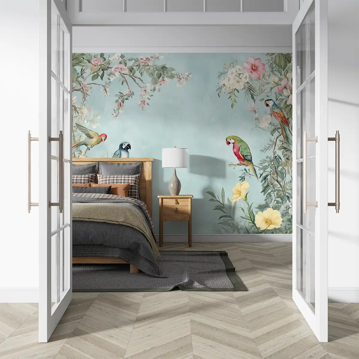 Colorful parrot wallpaper in a serene bedroom with floral accents and natural light.