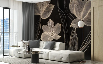 Black and white floral wallpaper in a modern living room with elegant decor and natural light.