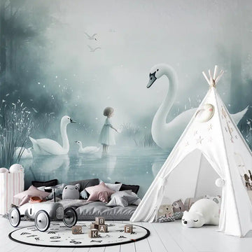 Dreamy children's room with the mural 'Swans in Blue' featuring serene swans and a child near a tranquil pond.